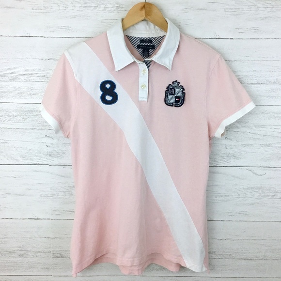 pink and white polo shirt
